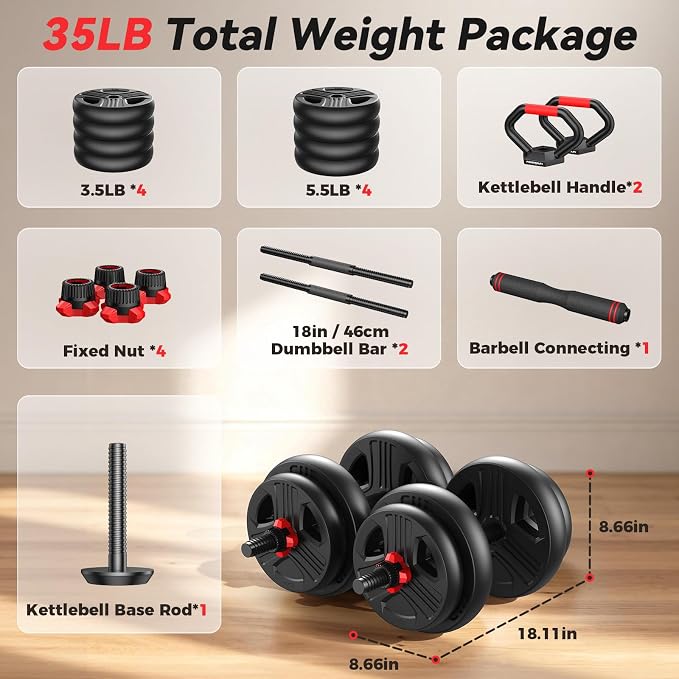 FITPLAM Adjustable dumbbell set,20/35/45/55/70/90lbs Free Weights set with upgraded nut, 5 in 1 Weight Set Used as Kettlebells, Barbell, Push up Stand, Fitness Exercise for Home Gym Suitable Men/Women