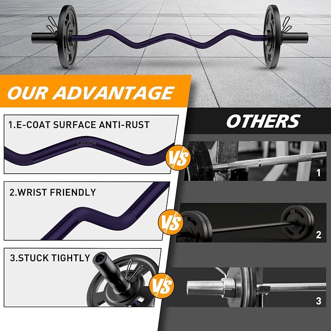 Olympic EZ Curl Barbell Bar 47", 2-Inch Curl Bars for Weight Lifting | Hip Thrusts,Squat,Biceps-Home Gym Chrome Curling Bar for 2 Inch Weight Plates -2 Spring Collars(500lb Weight Capacity)