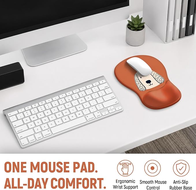 Ergonomic Mouse Pad with Wrist Rest, Gel Wrist Support, Brown Puppy | 10.2 x 7.6 in Mouse Pad with Smooth Fabric Surface and Non-Slip Rubber Base for Office, Home, Study, and Gaming