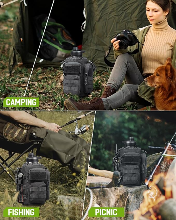 RXW 64oz Insulated Water Bottle Half Gallon Water Jug with Sleeve Tactical | Stainless Steel Water Jug Large Military Water Bottle with 3-IN-1 Pouch/3 Lids/Straw/Paracord Handle for Gym/Camping/Workout