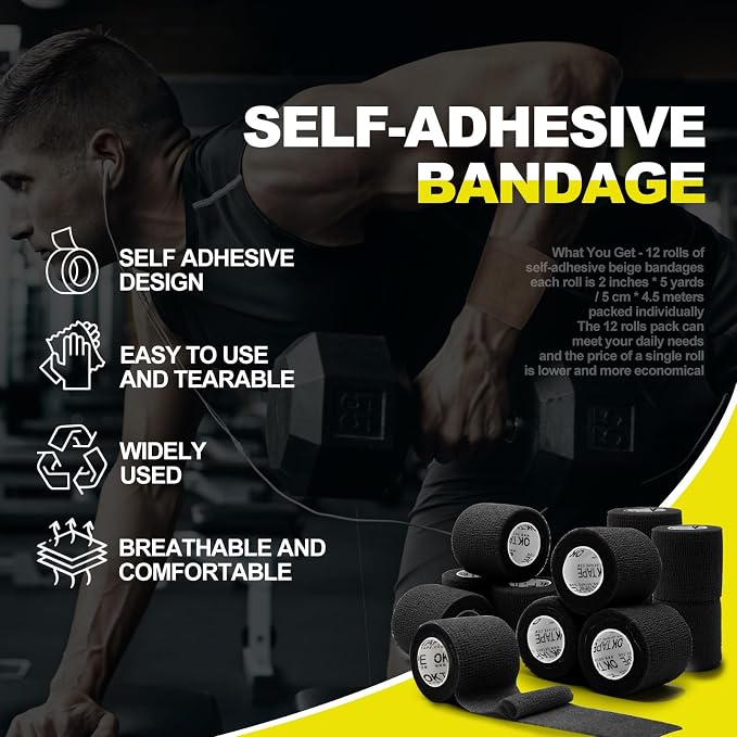 OK TAPE 12 Rolls Self Adhesive Bandage Wrap, Elastic Athletic Tape, Self Stick Bandage Tape, Vet Wrap, Medical Wrap for Wrist, Feet, 2" x 5 Yards - Black | Vet Wrap, Sports Tape, Medical Wrap for Wrist, Feet, Self Stick Bandage Tape, 2" x 5 Yards - Black