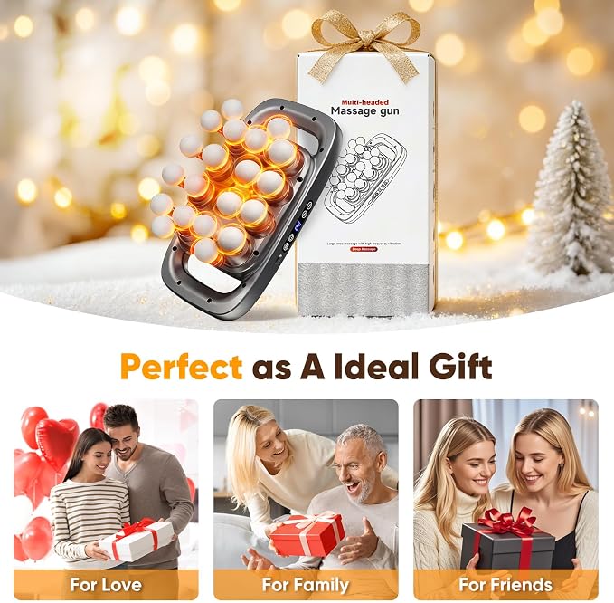 20-Head Massage Gun, 3 Modes and 30 Speed Levels | 20-head wide coverage, quiet 35 dB operation, Type-C charging, and up to 6 hours of cordless use for full-body relaxation.