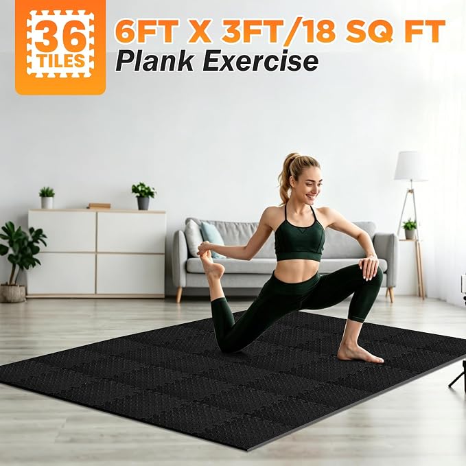 36 Tiles EVA Puzzle Exercise Floor Mats Set, Interlocking Foam Gym Tiles | 12.6"x12.6"x0.4", Water-Resistant Flooring for Home Gym, Workout Equipment, Kids' Play Areas, Garage Playroom - Black