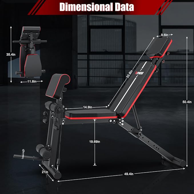 XDDIAS Adjustable Weight Bench, Workout Bench with Leg Extension and Preacher Curl Pad, Weight Bench for Home Gym, Foldable Exercise Bench, Quick Adjustment Incline Bench Press