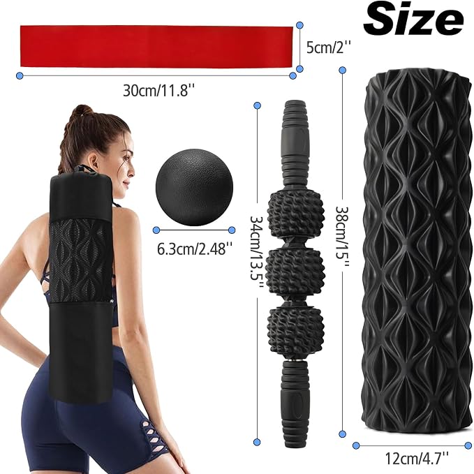 5 in 1 Foam Roller Set High Density Patented Foam Roller for Exercise | Foam Roller Massage Stick, Massage Ball, Resistance Band for Deep Muscle Massage Yoga Trigger Point Release Black Diamond