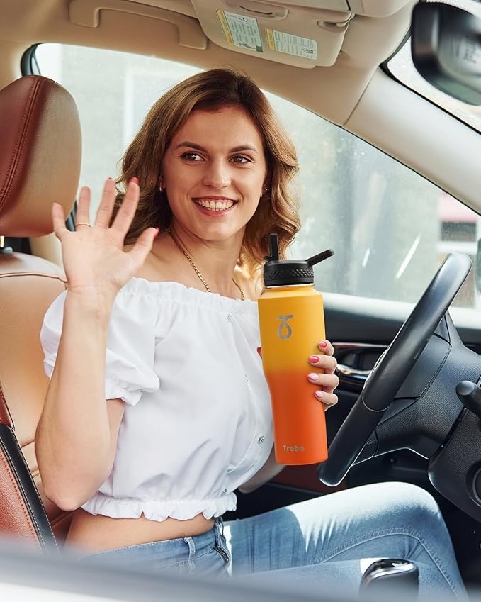 Trebo 32 oz Water Bottle Insulated Fits in Any Car Cup Holder with 2 Lids | Stainless Steel T-shape Tumbler with Paracord Handle, Triple Wall Vacuum Copper Plated, Cold 48 Hrs for Travel, Leakproof