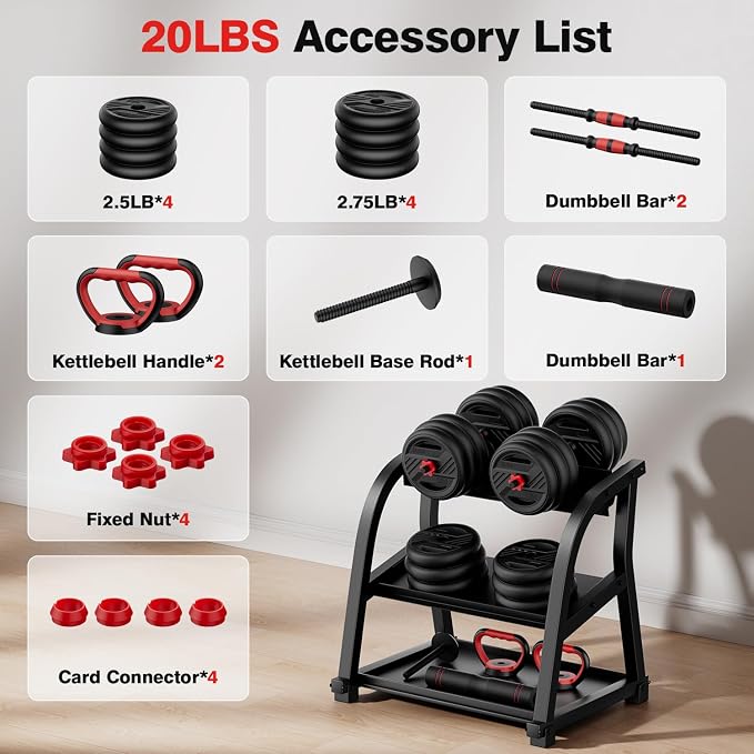 Adjustable Dumbbell Set, 20/30/45/70/90lbs Free Weight Set With Double Locknut, 5-in-1 Dumbbells Set Includes Barbell, Kettlebells, Push up Stand, Weight Plate, Fitness Exercise for Home Gym Suitable Men/Women