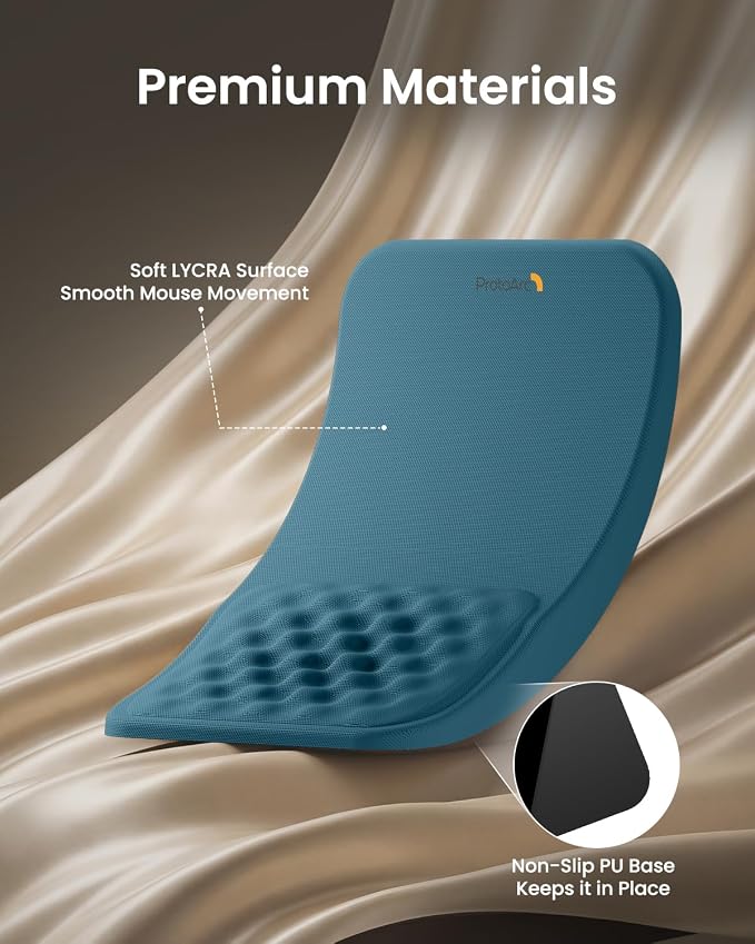 ProtoArc MP50 Ergonomic Mouse Pad with Wrist Support, Lycra Surface, Blue | 8° slope & massage points, soft memory foam, Large 12x8 Inches, Non-slip base. Relieves wrist strain for office & home
