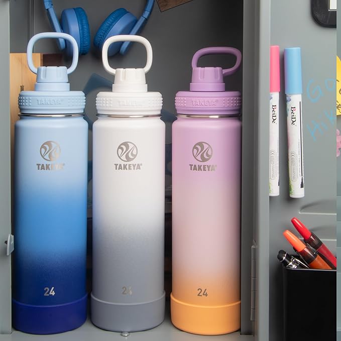 Takeya Actives Stainless Steel WaterBottle,Insulated Spout Lid,Keeps Drinks Cold 24 Hrs,Leakproof,Durable,Dishwasher Safe,Ideal for Gym,Travel,Fits Most Cup Holders,24 oz/Ombre PacificBlue (Pack of 4)