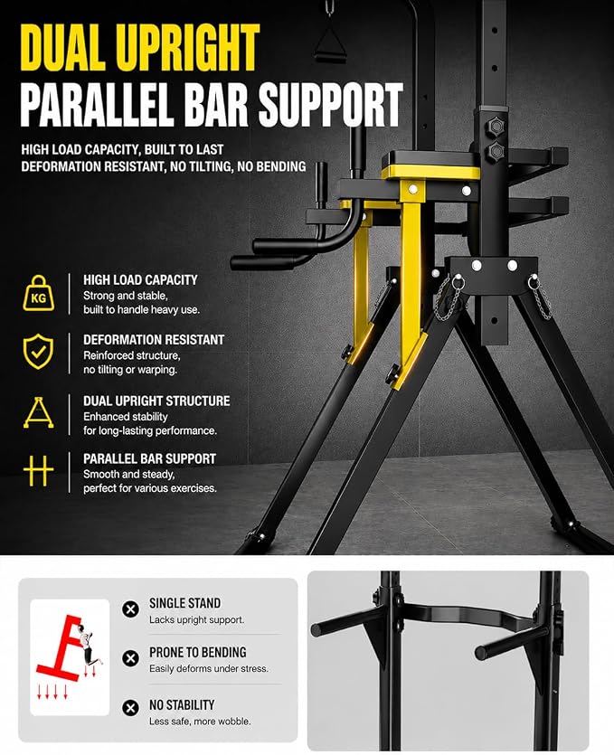 Foldable Pull Up Bar Free Standing, Multi-function Power Tower Dip Bar | Upgraded - Free Standing Pull Up Bar Station, Assistance Bands Home Gym Strength Training Equipment