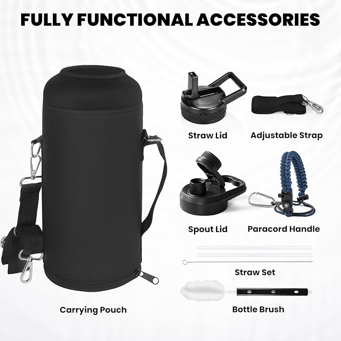 RAYMYLO Insulated Water Bottle 87 oz, Triple Wall Vacuum Stainless Steel | Cold for 48 Hrs), Leak Proof & Non-BPA, Modern Water Flask Jug with Paracord Handle & Straw Spout Lids, Navy Blue