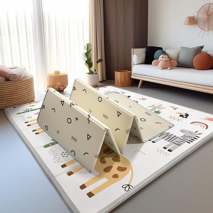 Baby Play Mat for Floor,79" x 71"Extra Large Foam Play Mats,Reversible Foam Playmat,Foldable,Waterproof &Anti-Slip Crawling for Babies,Toddlers,Infants, for Indoor and Outdoor,Cartoon Grey