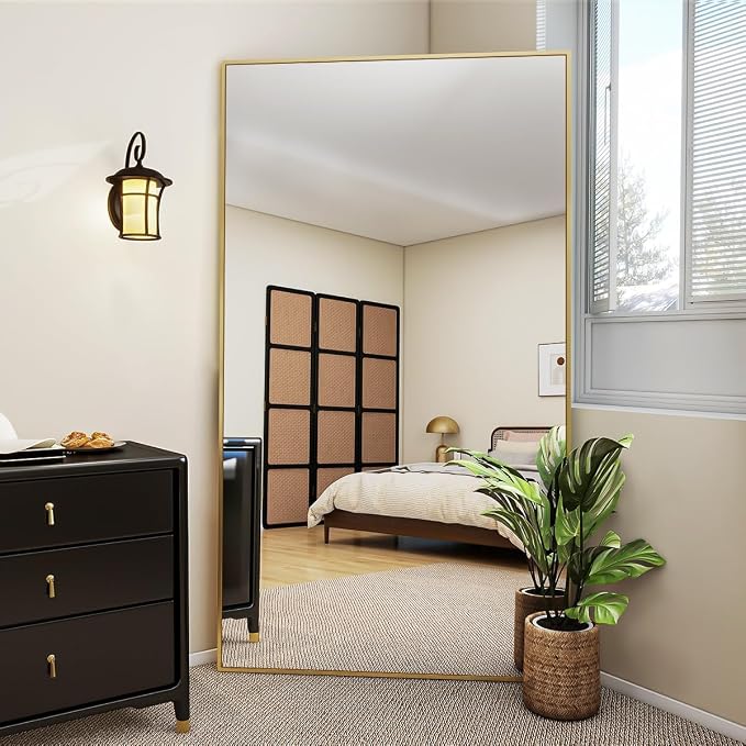 VooBang Large Full Length Mirror 78" x 35" - Shatterproof Gold | Huge Floor Full Body Dressing Mirror with Metal Frame, Freestanding, Wall Mounted, or Leaning for Bedroom, Living Room