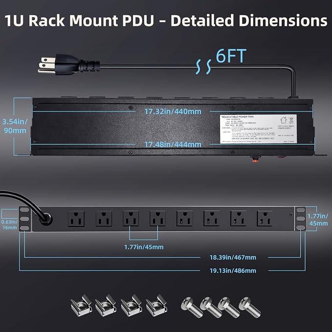 8-Outlet 1U Rack Mount PDU Power Strip, 2000J Surge Protection, 6ft Cord 14AWG Cord – PDU Power Strip for 19-Inch Network Server Racks