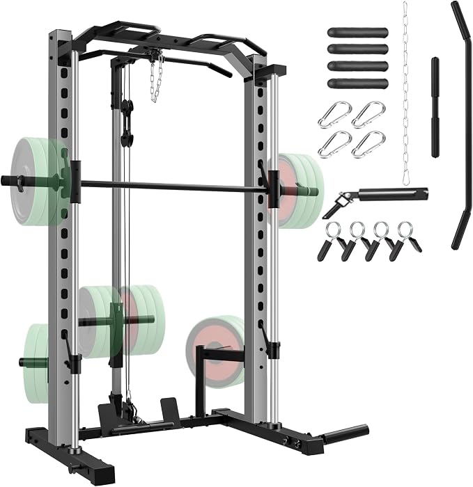 OPPSDECOR All-in-One Adjustable Smith Machine with LAT-Pull Down System | Multi-Function Power Cage for Home Gym Cable Crossover Squat Rack of Workout Machine Training Equipment with Attachments