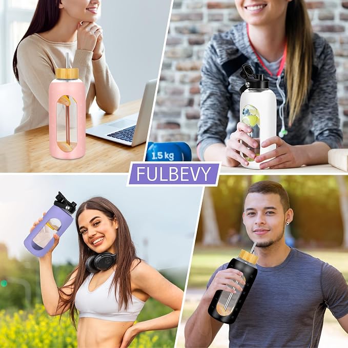 FULBEVY Glass Water Bottles 64 oz - Half Gallon Large Motivational Daily Water Intake Bottle Time Marker - Glass Water Bottle With Straw, Silicone Sleeve 2 Lids, Handle Spout & Bamboo Lid(Purple)