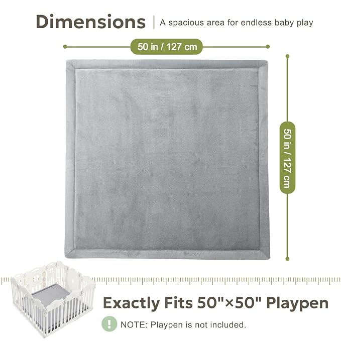 Mallify Ultra Soft 1.3" Thick Baby Play Mat for Floor, Large Velvet 50"x50" Playpen Mat for Babies, Toddlers, Infants, Kids, Baby-Safe & Non-Slip for Tummy Time and Crawling, Gray