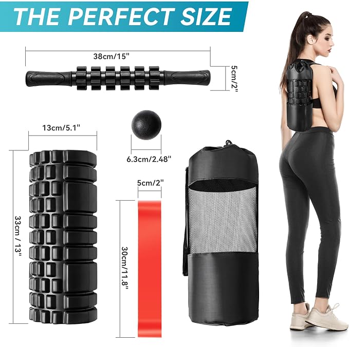 Krightlink 5-in-1 Foam Roller Set High Density Deep Tissue Muscle Massage | Muscle Recovery Kit Exercise Roller, Massage Ball, Resistance Band & Carry Bag for Physical Therapy & Pain Relief Black