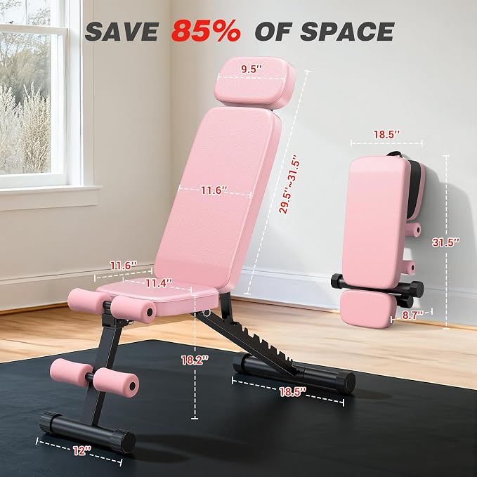 XDDIAS Workout Bench, 10 Backrests Adjustable Weight Bench with Extended Headrest, 800LBS Foldable Weight Bench for Home Gym, Incline Decline Flat Bench Compact for Small Space Training