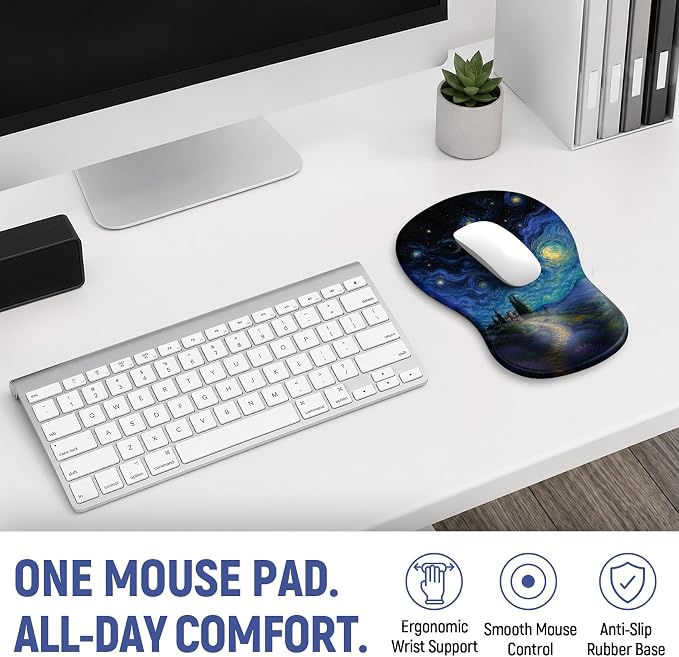 Ergonomic Mouse Pad with Wrist Rest, Gel Wrist Support, Starry | 10.2 x 7.6 in Mouse Pad with Smooth Fabric Surface and Non-Slip Rubber Base for Office, Home, Study, and Gaming