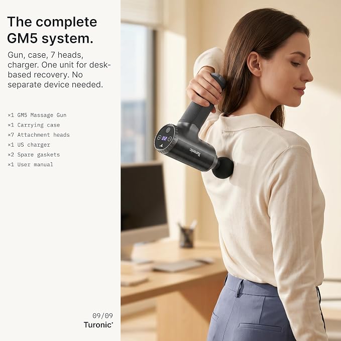 Turonic Professional Handheld Massage Gun - Deep Tissue Percussion Massager | 20 Speeds, 7 Heads, Quiet, Powerful, Portable, Cordless, Great for Athletes, Personal Use, Shoulder, Foot, Back Body, GM5