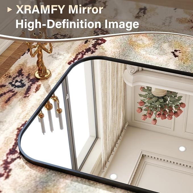 XRAMFY Full Length Mirror - Large Floor Standing & Wall Mountable Full Body Mirror with Sturdy Aluminum Frame, Arched Top Design, Freestanding or Hanging for Bedroom, Living Room, Cloakroom,Black