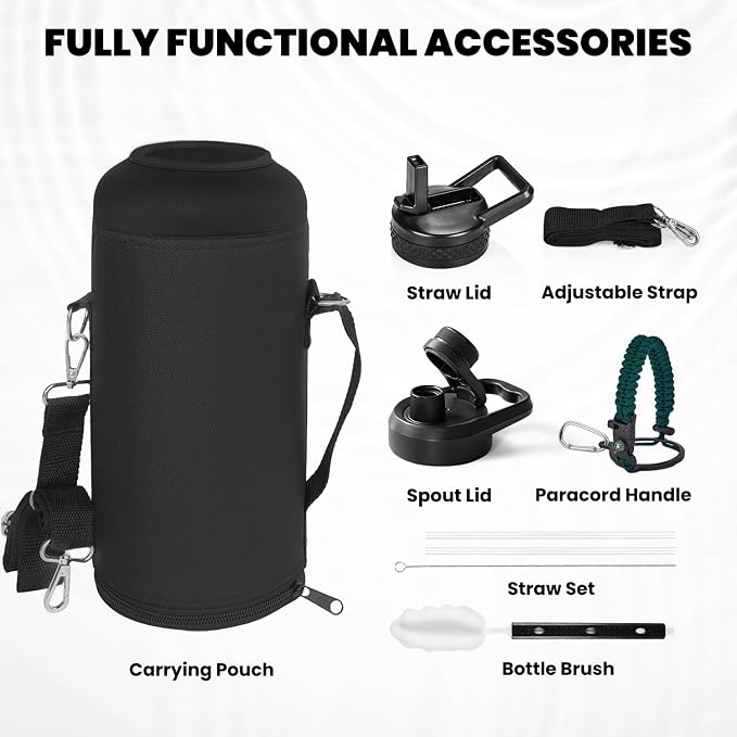 RAYMYLO Insulated Water Bottle 87 oz, Triple Wall Vacuum Stainless Steel | Cold for 48 Hrs), Leak Proof & Non-BPA, Modern Water Flask Jug with Paracord Handle & Straw Spout Lids, Dark Green