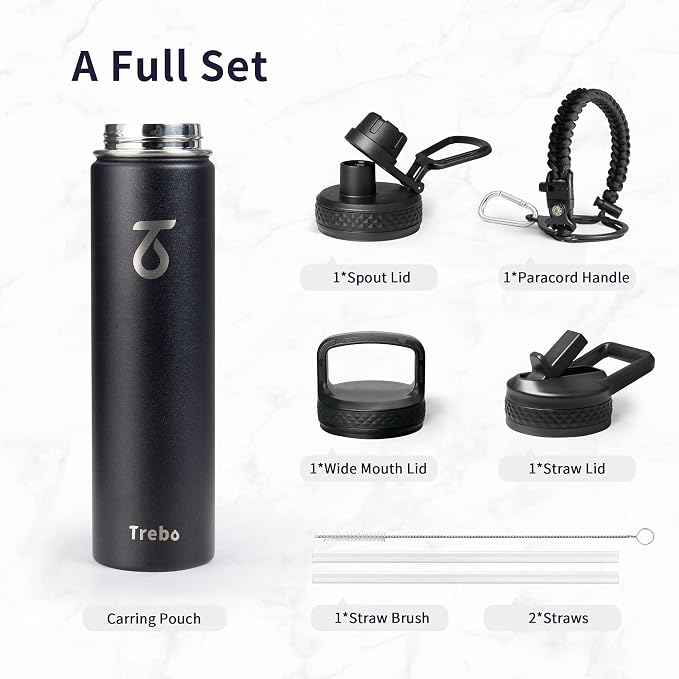 Trebo Insulated Water Bottle 24 oz with 3 Lids, Paracord Handle | Stainless Steel Metal Flask Vacuum, Triple Wall Copper Plated, Dishwasher Safe, Cold 48Hrs for Hiking, Fits in Car Holder