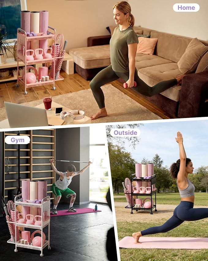 YOTTOY 3-Tier Gym Storage Rack for Home Gym–Multi-Functional Weight Rack, Dumbbell Rack, Yoga Mat Holder with Side Basket & 6 Hooks, Gym Equipment Organizer