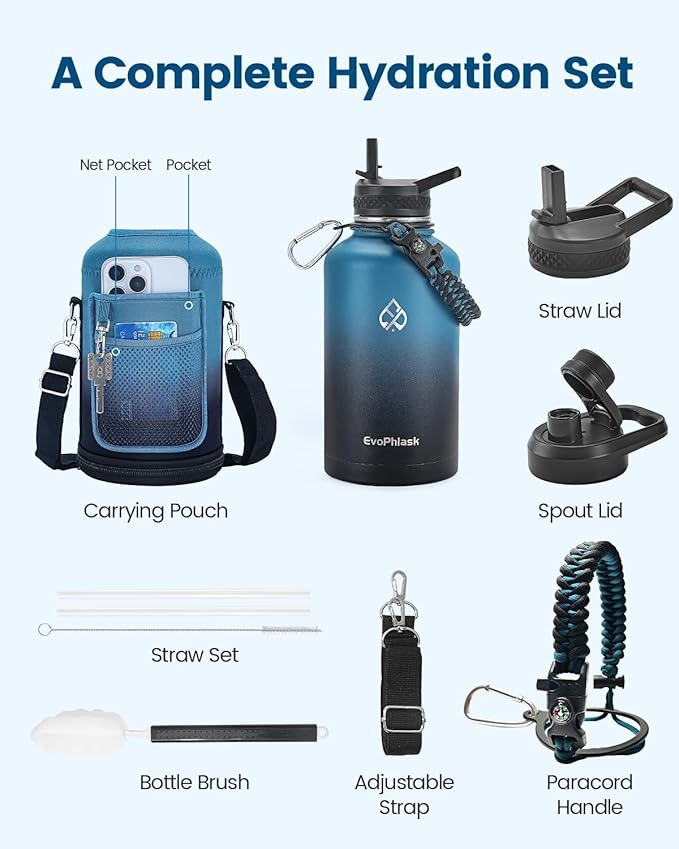 64 oz Insulated Water Bottle with Carrier Bag, Indigo Black | Stainless Steel, Vacuum Insulated Keep Cold 48 Hrs, Half Gallon Large Water Jug, For Travel, Sport, Gym, Hiking