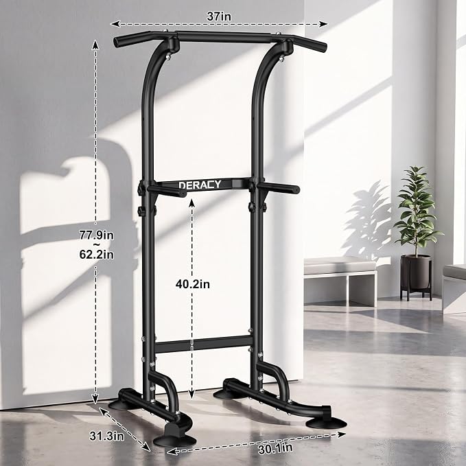 DERACY Pull Up Bar Free Standing, Power Tower with Pull Up Assistance Bands, Adjustable Height Pull Up Dip Station, Dip Bars for Home Gym Strength Training, Push Up Bar