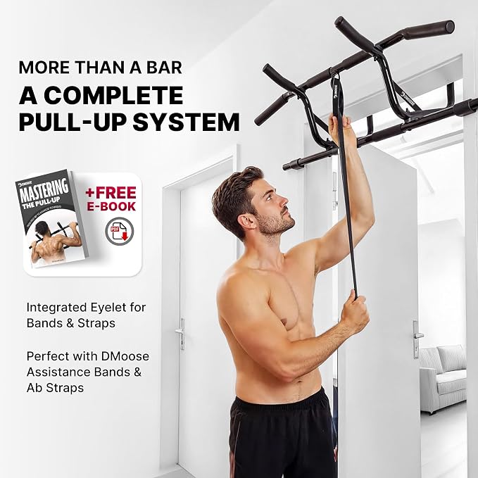 DMoose Fitness Pull Up Bar for Doorway - Upto 250 Lbs Capacity, No Screwing or Slipping, Hanging Pullup & Chin Up Bar for Door Frame - Multi Padded Grips for Strength Training with Installation Guide