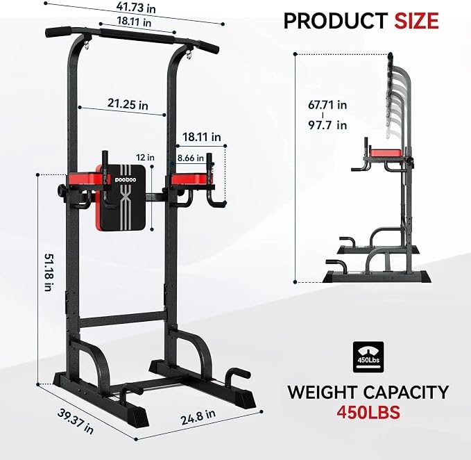Pull Up Bar Power Tower Dip Station, 450LB Adjustable Home Gym Equipment | 11-height adjustment supports pull ups, dips, knee raises, push ups and versatile full-body strength training