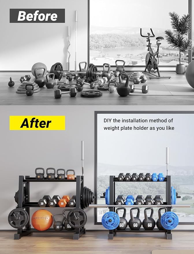 YOLEO Dumbbell Rack Stand Only, 1100LBS Heavy Duty Weight Rack for Home Gym, Adjustable 3-Tier Weight Storage Rack for Dumbbells, Barbells, Kettlebells & Weight Plates, Compact Workout Equipment Organizer