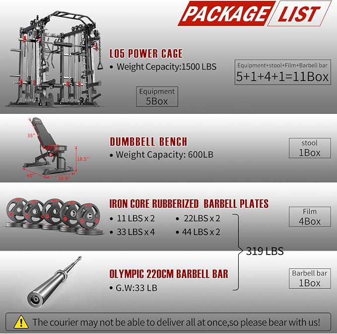 Smith Machine,Multi-Function Squat Rack Power Cage with Cable Crossover System,with Optional Weight Bench, Olympic Barbell Weight Set, for Home Gym