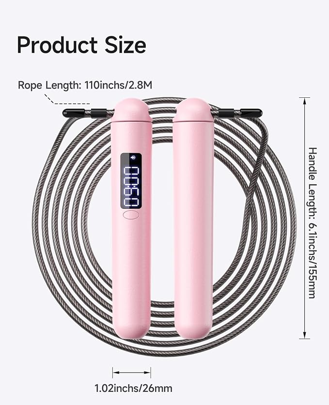 ACHDOFITS Jump Rope with Smart Counter for Adults | Tangle-free Steel Core, 170g. Fits 5'-6'5". 4 Modes: Beginner-HIIT. Rechargeable. For Women & Men. Tracks Calories & Jumps.