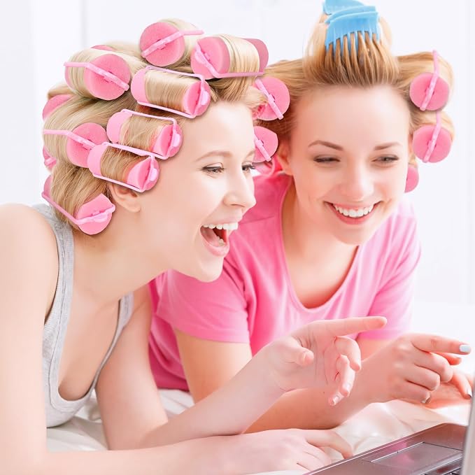 Geyoga 18 Pieces Pink Foam Hair Rollers Large Hair Curlers Sponge Rollers for Heatles to Sleep in a Curl for Women's Short and Long Hairs Styling (1.4 x 2.6 Inches)