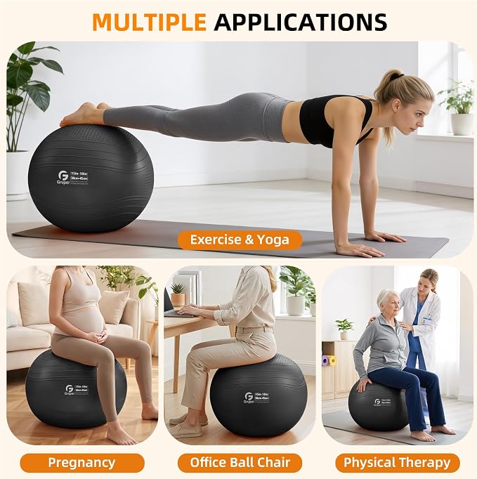Gruper Yoga Ball, Extra Thick Non Slip Exercise Ball for Workout, Yoga, Pregnancy, 4 Sizes Anti Burst Chair for Home and Office, Includes Foot Pump & Fitness Guide