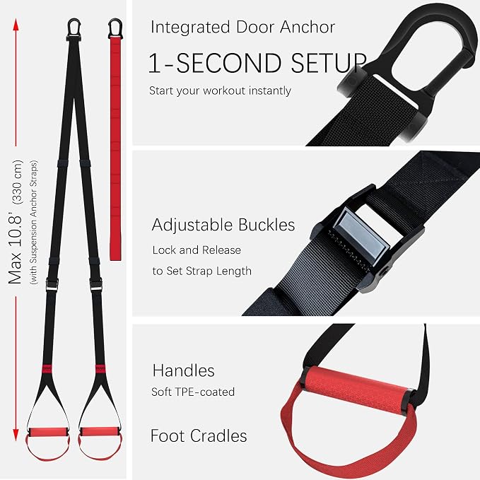 Suspension Straps Trainer with Built-in Door Anchor, All-in-One Bodyweight Training System for Home & Outdoor Use - Quick Setup in 1 Second