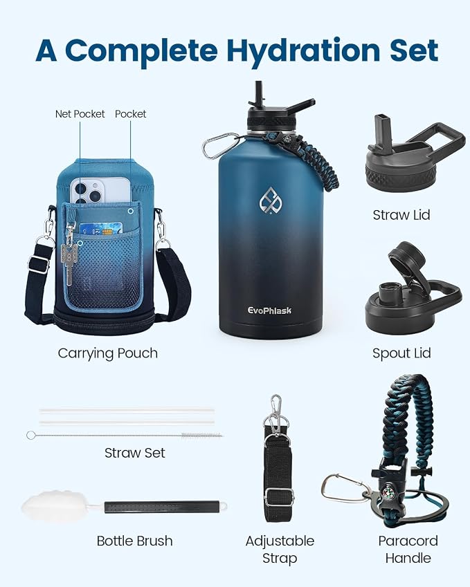 1 Gallon Water Bottle Insulated with Carrier Bag, Indigo/Black | Stainless Steel, Vacuum Insulated Keep Cold 48 Hrs, 128 oz Large Gallon Water Jug, For Travel, Sport, Gym, Hiking