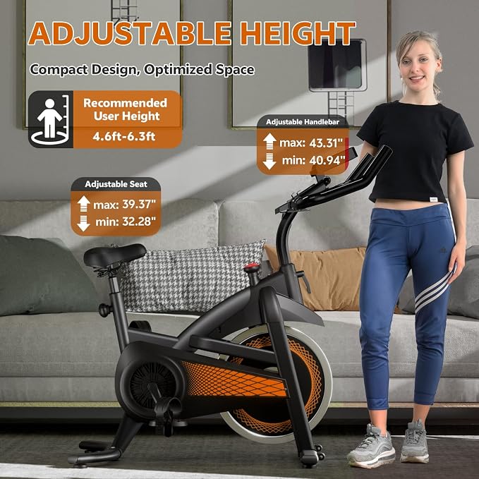 Exercise Bike with Bluetooth, Wool Felt Brake Pad Stationary Bike - 300lb Weight Capacity Quiet Belt Drive Indoor Cycling Bike for Home Cardio, Adjustable Handlebar & Extra Soft Seat, Digital LED Monitor