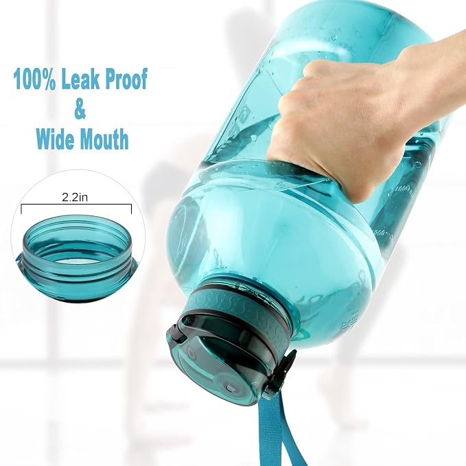 GEMFUL 100oz Big Water Bottle with Straw 3000ml Large Sport Jug (Cyan) | BPA Free, Leak-proof, Time Marker, Wide Mouth for Easy to Clean, Sturdy Handle for Carry, for Gym, Home, Office, Outdoor