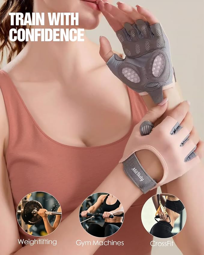 Workout Gloves for Men & Women – Fingerless Gym Gloves for Weight Lifting, Crossfit, Fitness, Exercise & Training with Silicone Grip Dots for Secure Hold & Palm Padding Protection