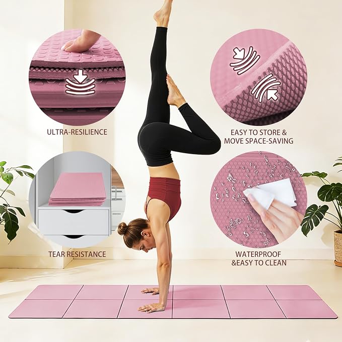 Foldable Yoga Mat Thick Non-Slip Exercise Mat | Packable Travel Fitness Mat, Carrying Bag Included, For Yoga, Pilates, Workout, Home & Gym Use
