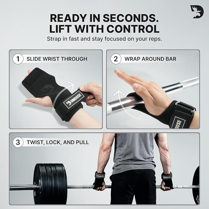 DMoose Fitness Weight Lifting Hooks (Pair) for Deadlifts, Pull Ups, Rows & Shrugs - Anti-Rip Nylon Strap Hand Grips with Thick Wrist Padding - Heavy Duty Wrist Straps for Weightlifting & Gym Workouts