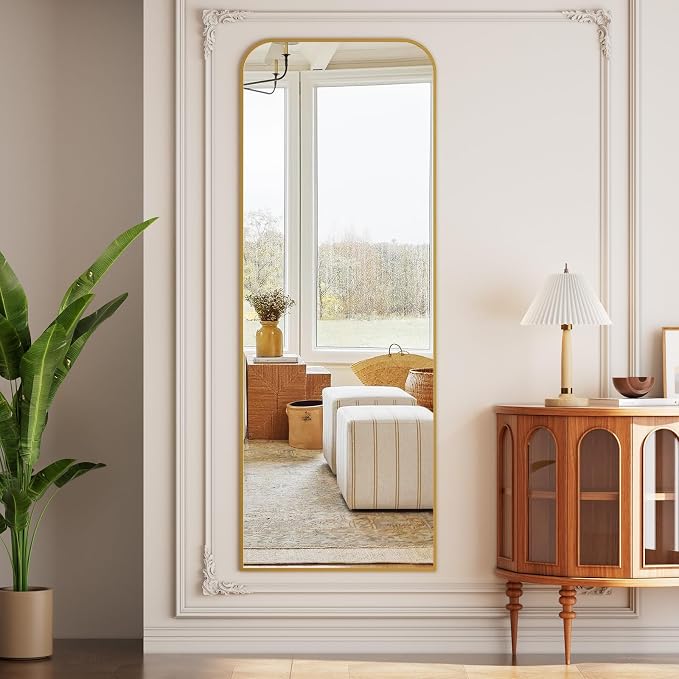 Full Length Mirror 65"x24" Arched Floor Standing Large Mirrors | Full Body Mirror with Stand - with Aluminum Frame for Bedroom Living Room, Gold