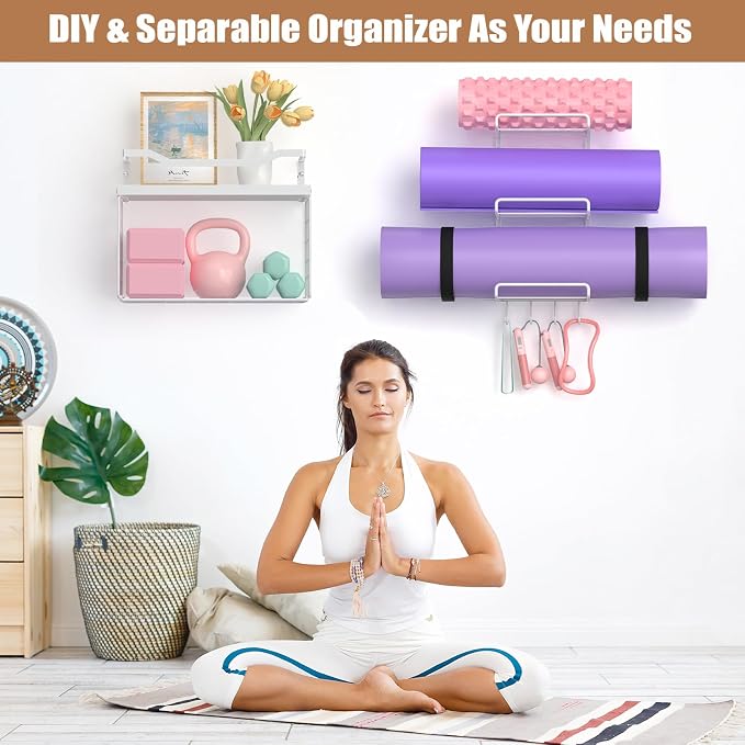 LIDTOP Yoga Mat Holder White, Wall Mount Yoga Accessory Mats Storage Rack, Home Gym Accessories Organizer Storage with Wood Floating Shelves, 4 Hooks Hanging Yoga Strap & Resistance Bands