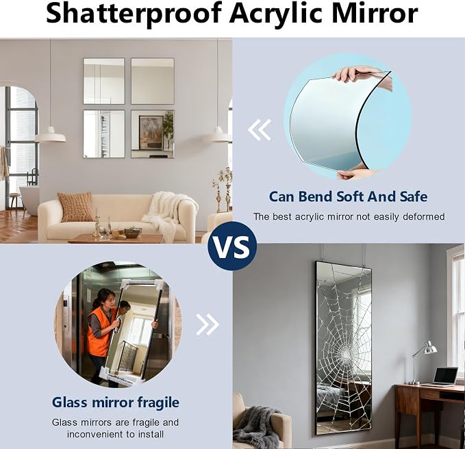 4 Pack Acrylic Mirrors for Wall,12 x 12 Inch Self Adhesive Frameless Small Mirror Tiles, Flexible Plastic Mirror Sheets for Bedroom Home Gym Door (12"X12"-4Pcs)