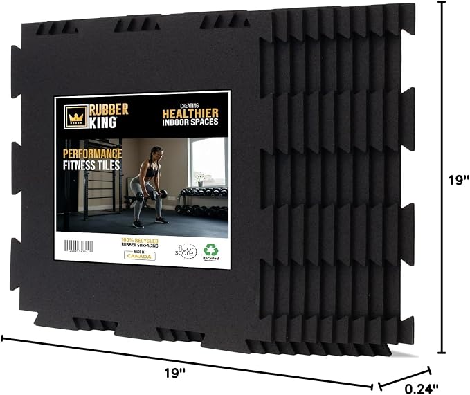 Rubber King 10 Piece Interlocking Tiles 19" x 19" x 6mm - 100% Recycled Rubber Gym Floor Tiles, Exercise Mat for Home Gym, Anti-Slip Low-Odor Interlocking Puzzle Floor Tiles - 23.5sq ft