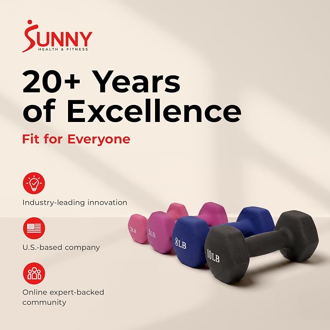 Sunny Health & Fitness Neoprene Hex Dumbbell for Home Gym 2-10 lb Pair | Strength & Cardio Weights, Muscle Toning, Yoga, Pilates & Rehab, Secure Grip, Home Workouts, 2, 5, 8, 10 lb Pairs